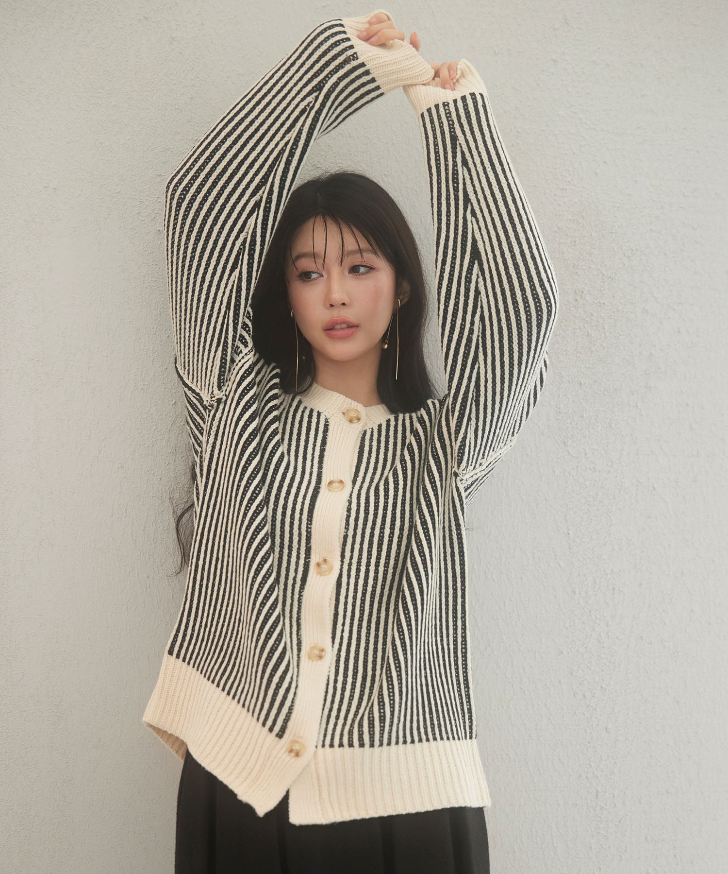 バイカラーストライプゆったりシルエニットカーディガンsdp8023 ブラック