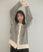 バイカラーストライプゆったりシルエニットカーディガンsdp8023 ブラック
