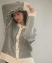 バイカラーストライプゆったりシルエニットカーディガンsdp8023 ブラック