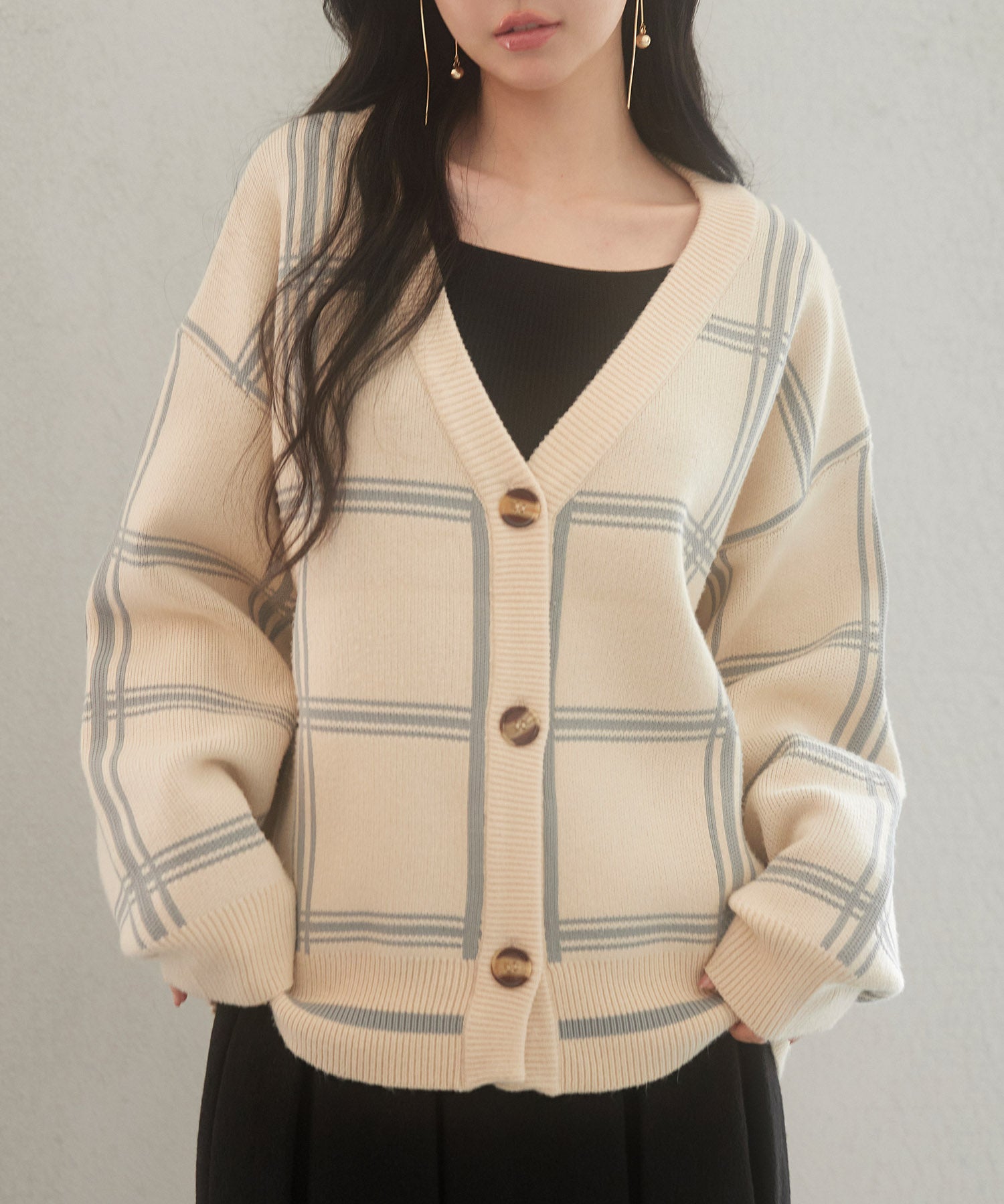 ビッグチェック柄ミドル丈ニットカーディガンsdp8024-103-14