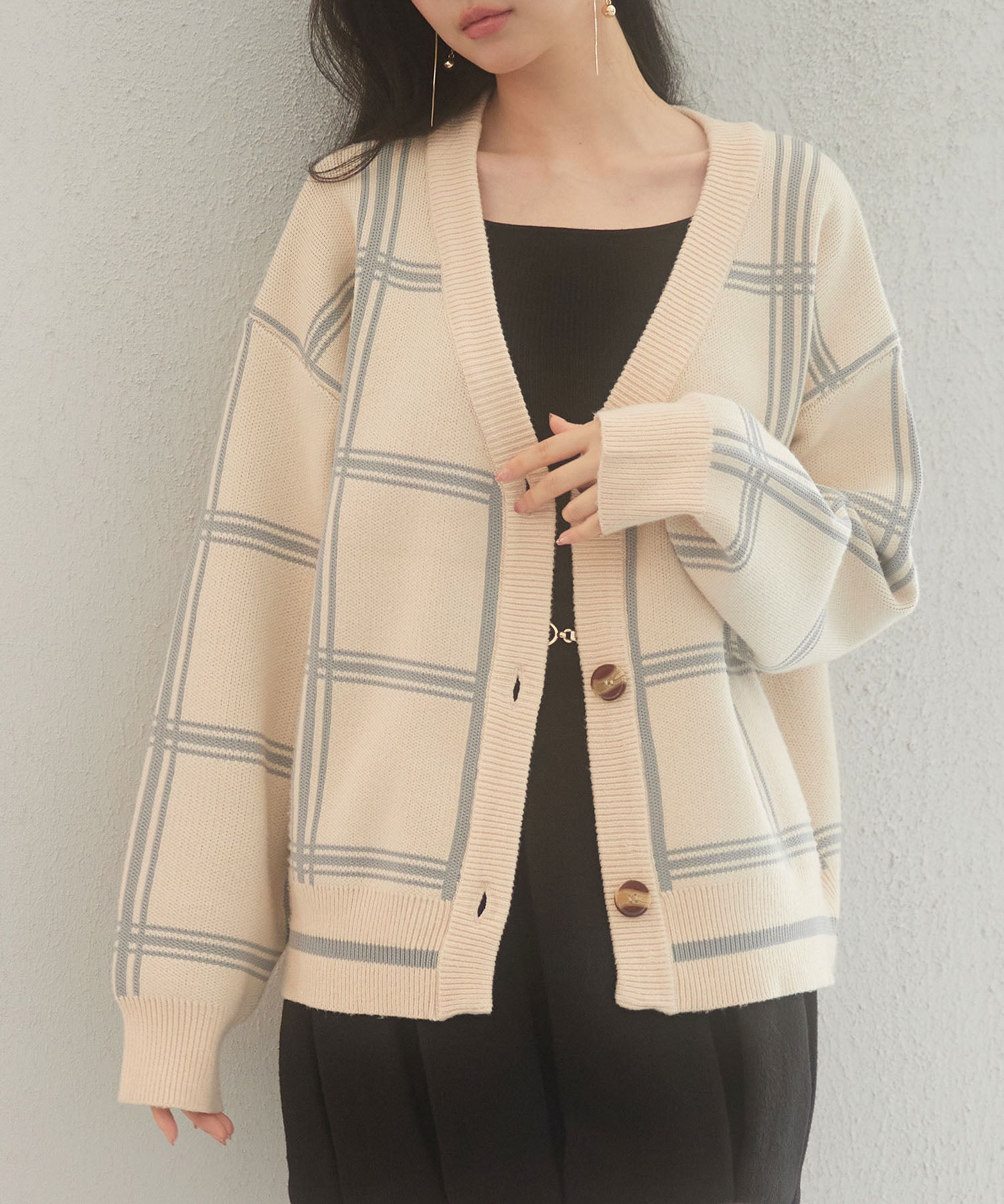 ビッグチェック柄ミドル丈ニットカーディガンsdp8024 ベージュ