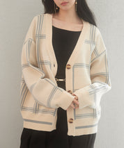 ビッグチェック柄ミドル丈ニットカーディガンsdp8024 ベージュ