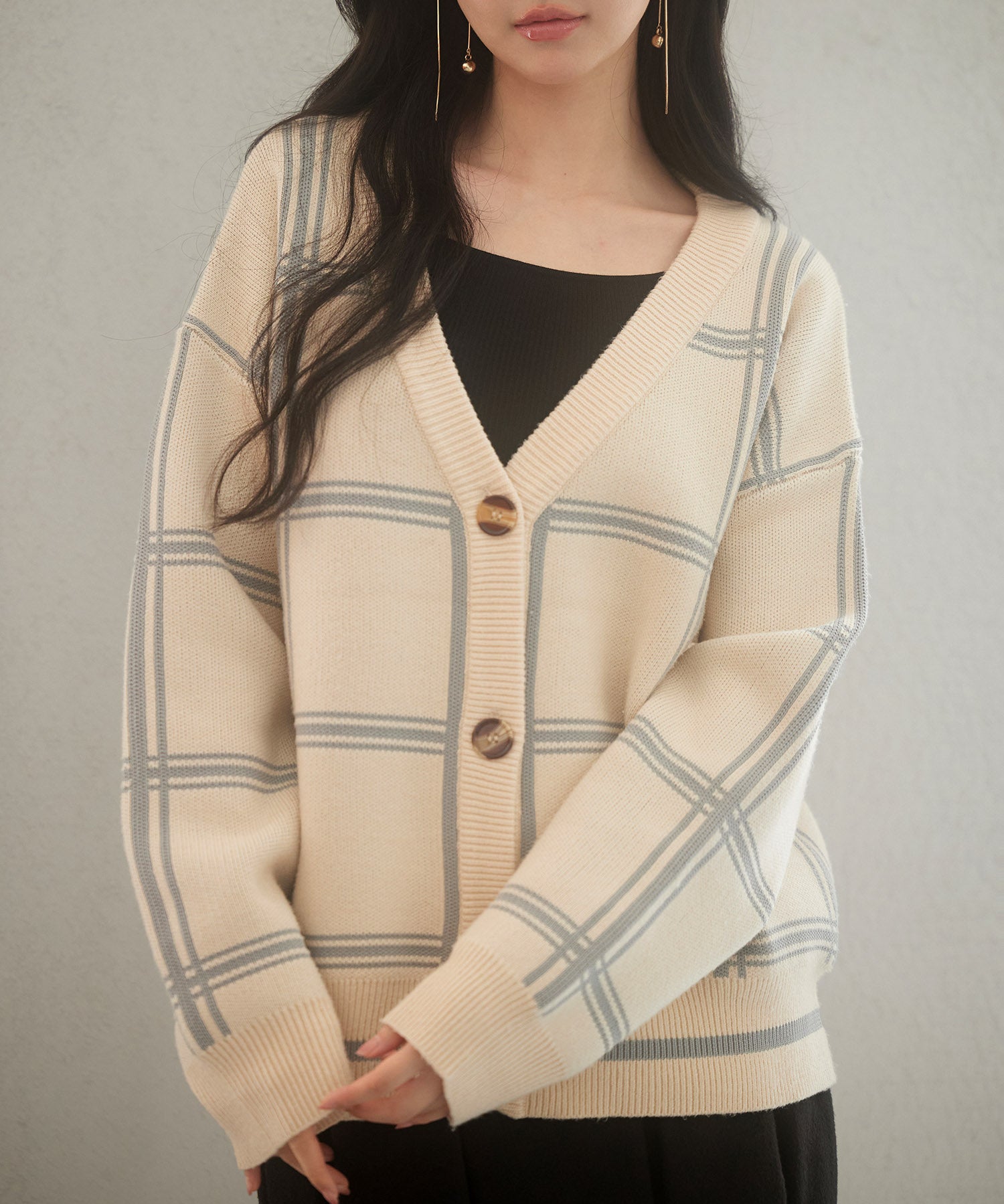 ビッグチェック柄ミドル丈ニットカーディガンsdp8024 ベージュ
