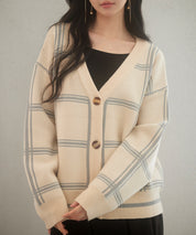 ビッグチェック柄ミドル丈ニットカーディガンsdp8024 ベージュ