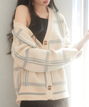 ビッグチェック柄ミドル丈ニットカーディガンsdp8024 ベージュ