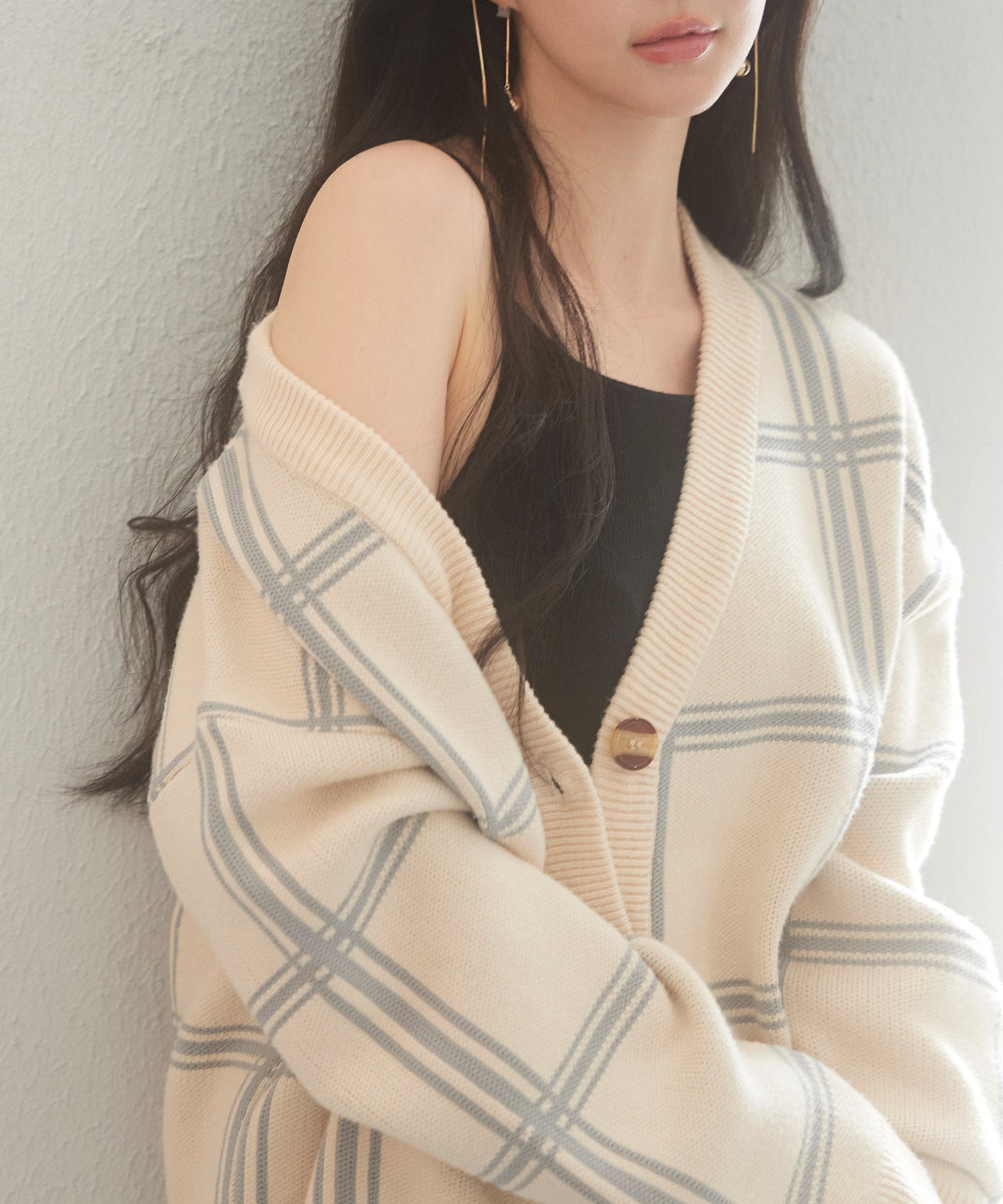 ビッグチェック柄ミドル丈ニットカーディガンsdp8024 ベージュ