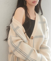 ビッグチェック柄ミドル丈ニットカーディガンsdp8024 ベージュ