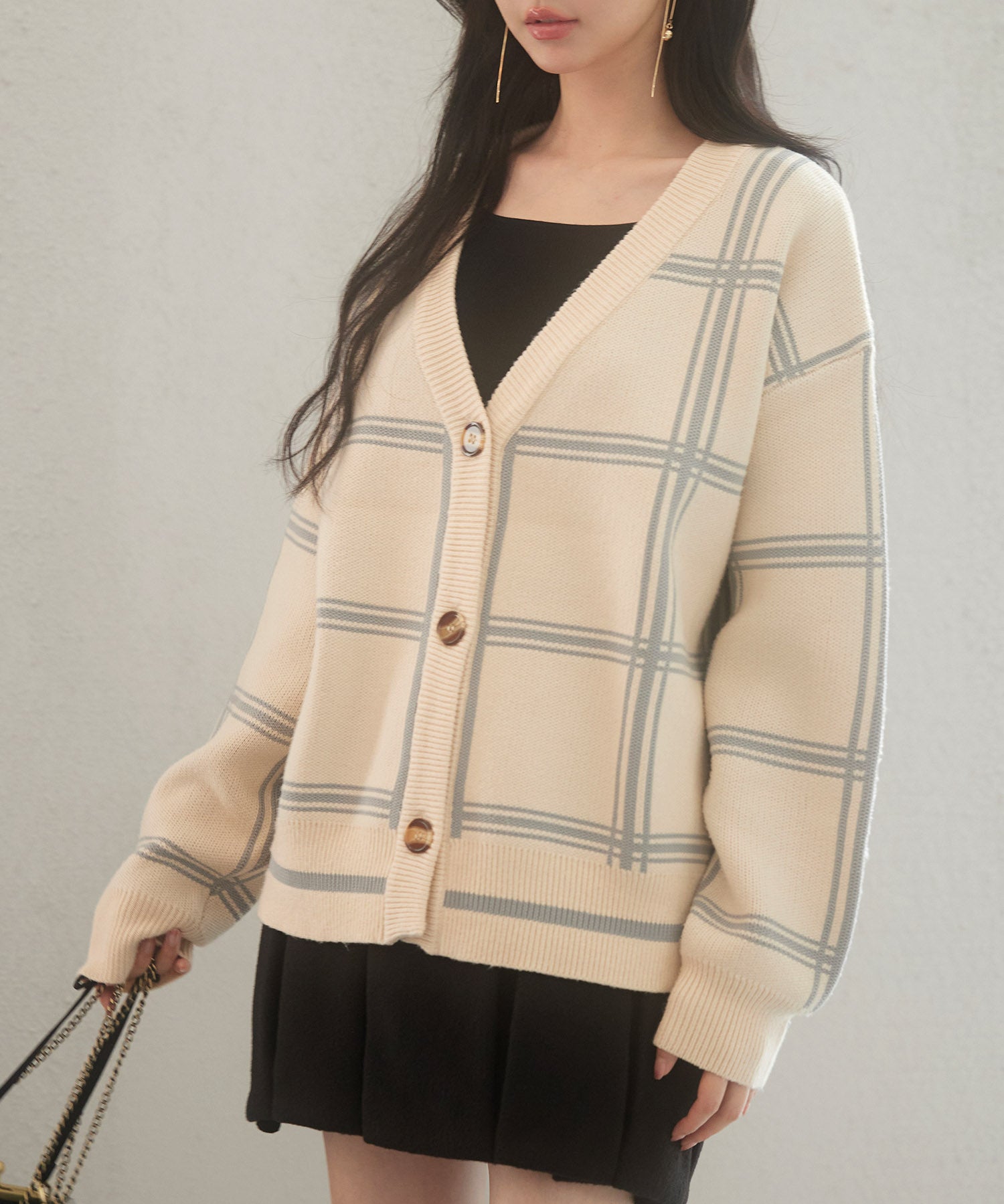 ビッグチェック柄ミドル丈ニットカーディガンsdp8024 ベージュ