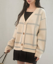 ビッグチェック柄ミドル丈ニットカーディガンsdp8024 ベージュ