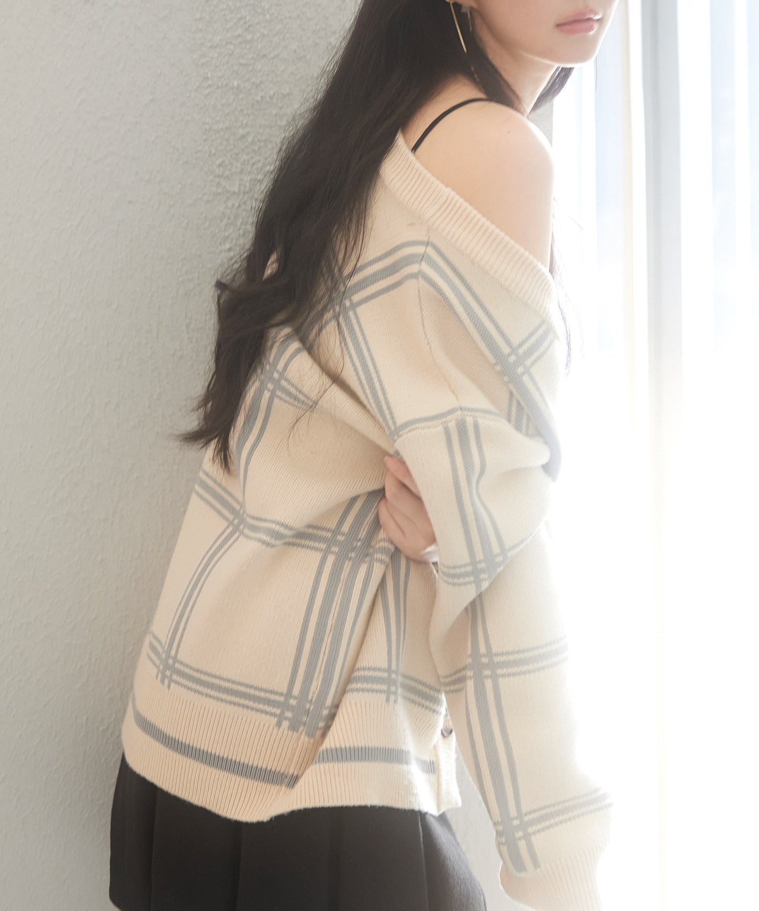 ビッグチェック柄ミドル丈ニットカーディガンsdp8024 ベージュ