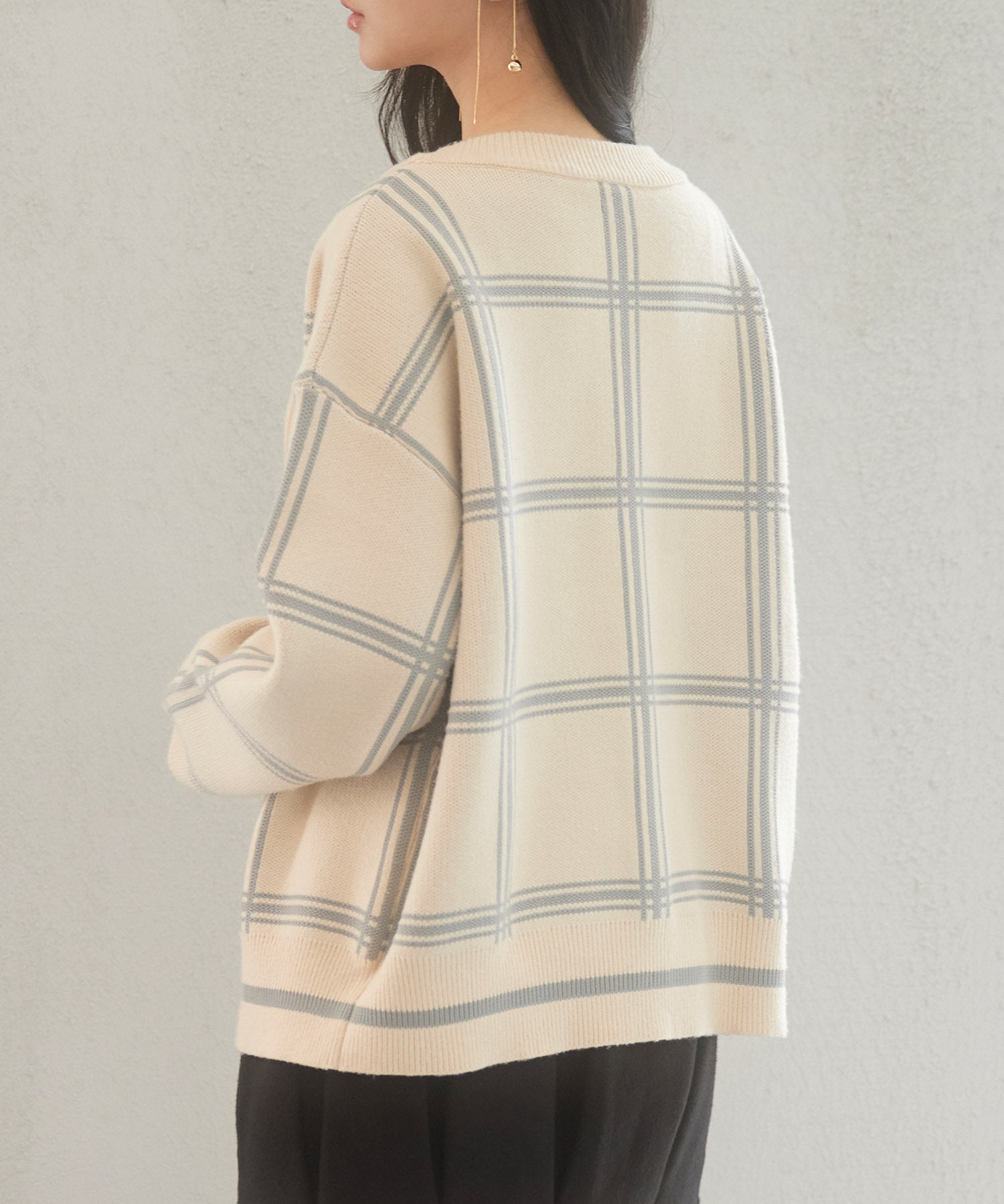 ビッグチェック柄ミドル丈ニットカーディガンsdp8024 ベージュ
