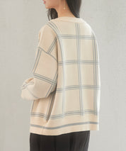 ビッグチェック柄ミドル丈ニットカーディガンsdp8024 ベージュ