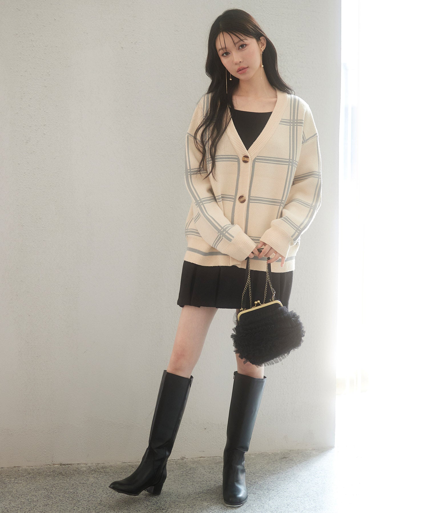 ビッグチェック柄ミドル丈ニットカーディガンsdp8024 ベージュ
