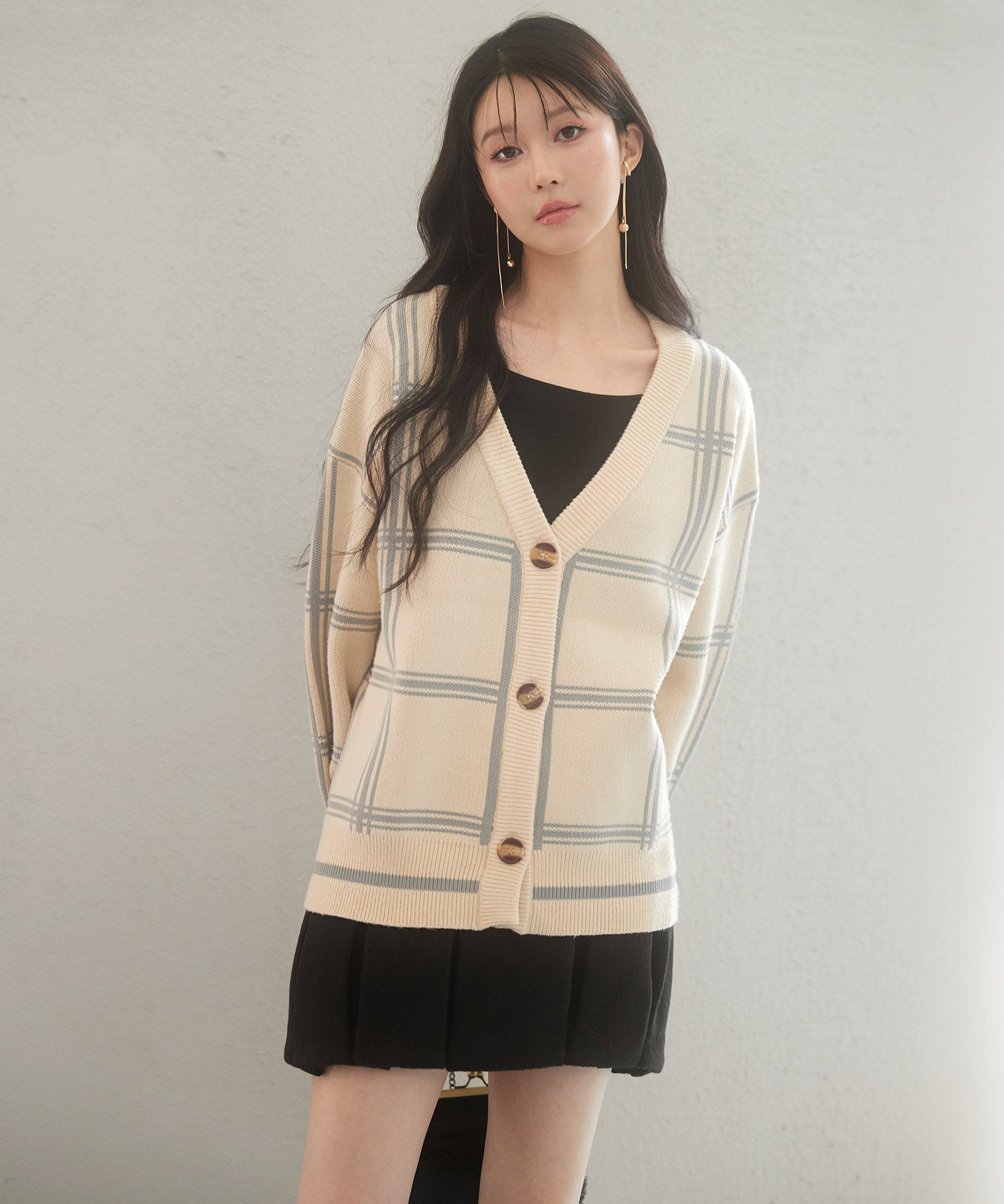 ビッグチェック柄ミドル丈ニットカーディガンsdp8024 ベージュ