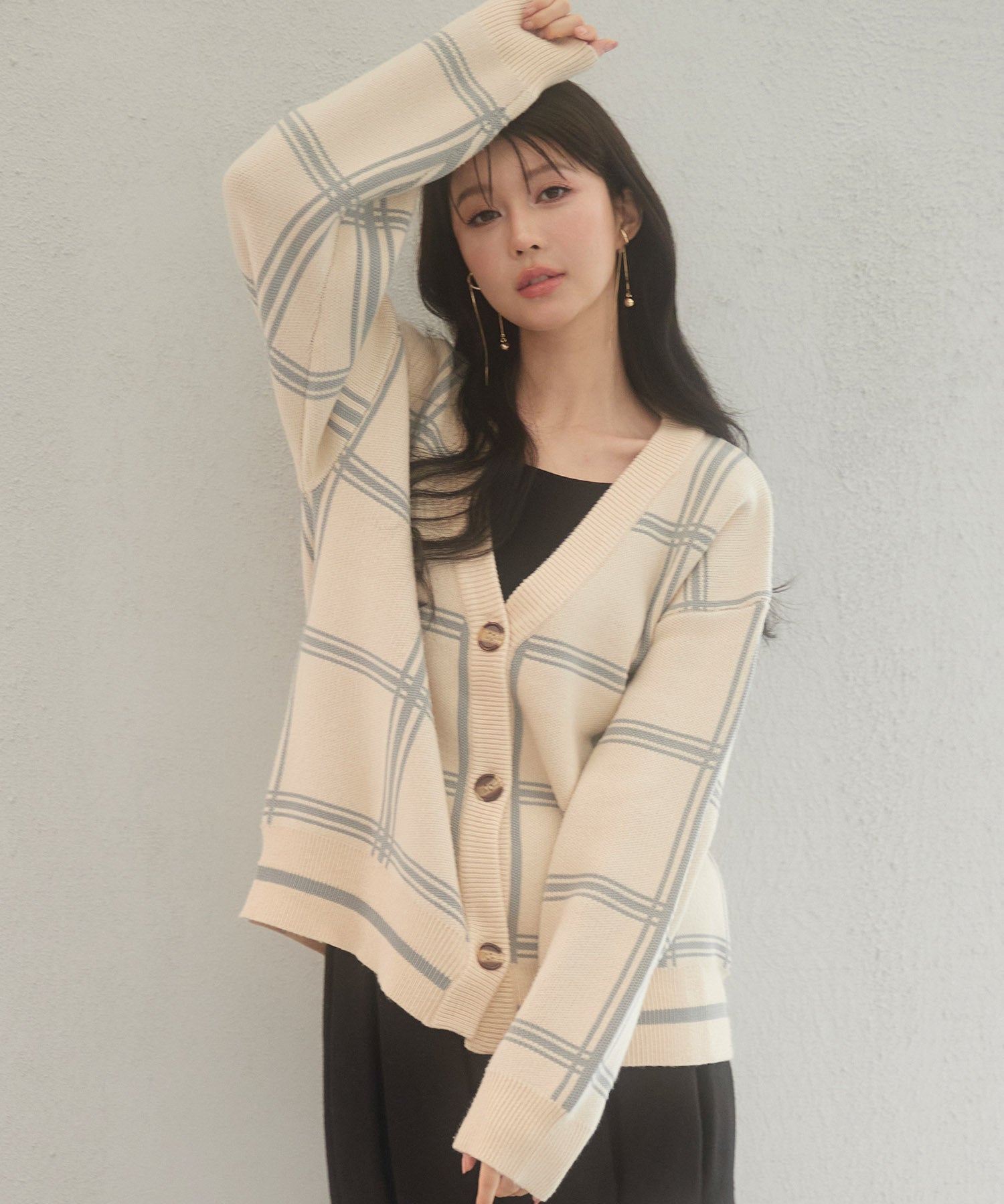 ビッグチェック柄ミドル丈ニットカーディガンsdp8024 ベージュ