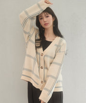 ビッグチェック柄ミドル丈ニットカーディガンsdp8024 ベージュ