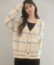 ビッグチェック柄ミドル丈ニットカーディガンsdp8024 ベージュ