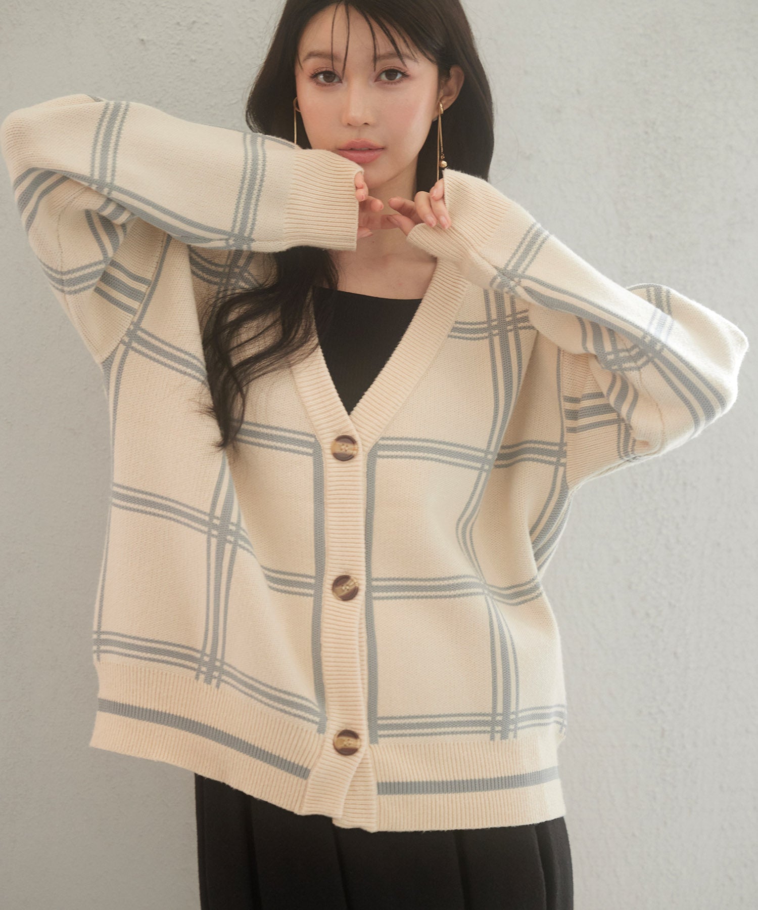 ビッグチェック柄ミドル丈ニットカーディガンsdp8024 ベージュ
