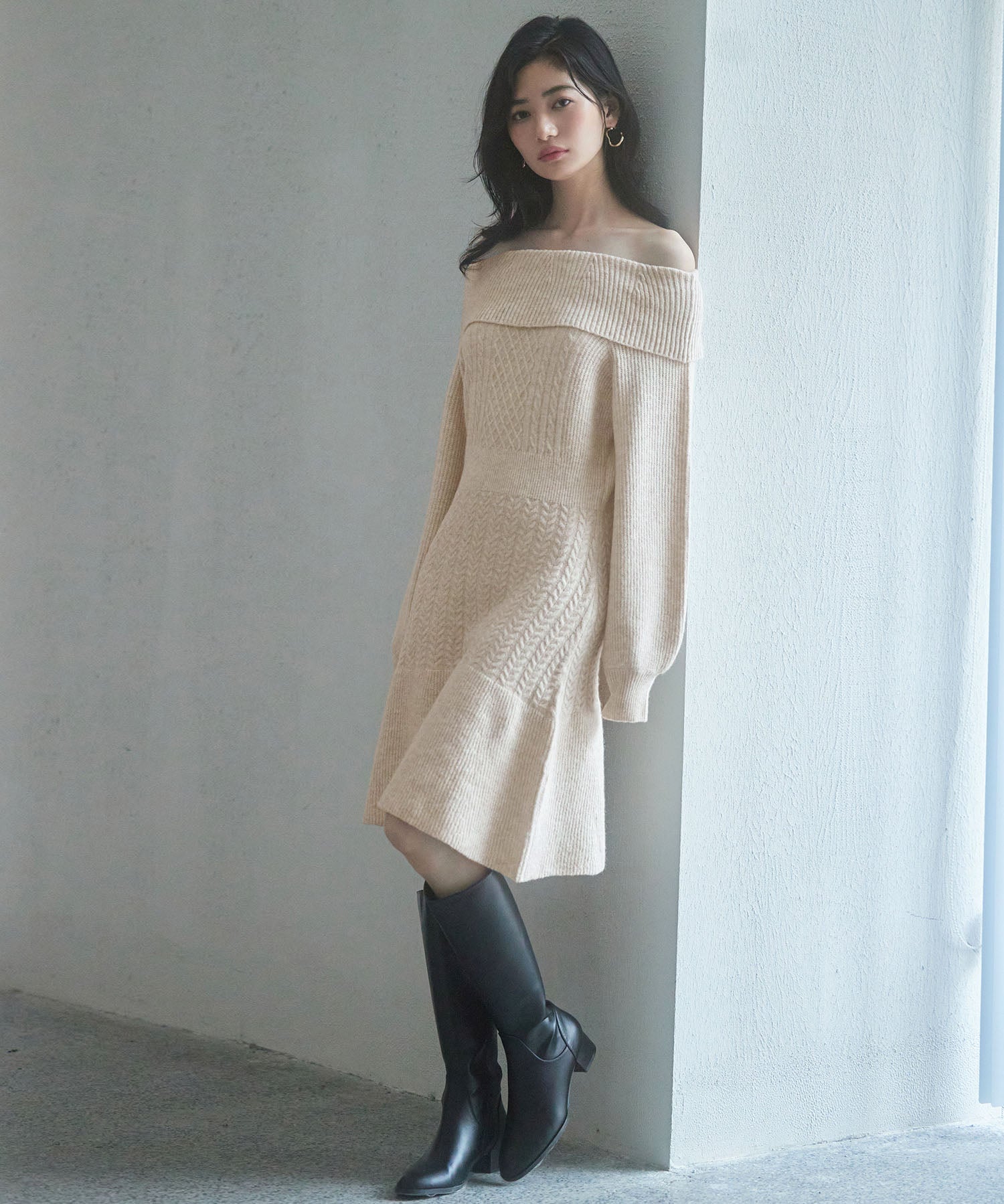 2wayネック膝上丈ニットワンピースsdp8025 ベージュ