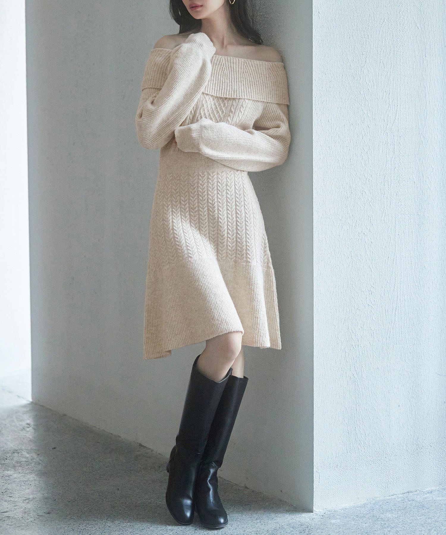 2wayネック膝上丈ニットワンピースsdp8025 ベージュ