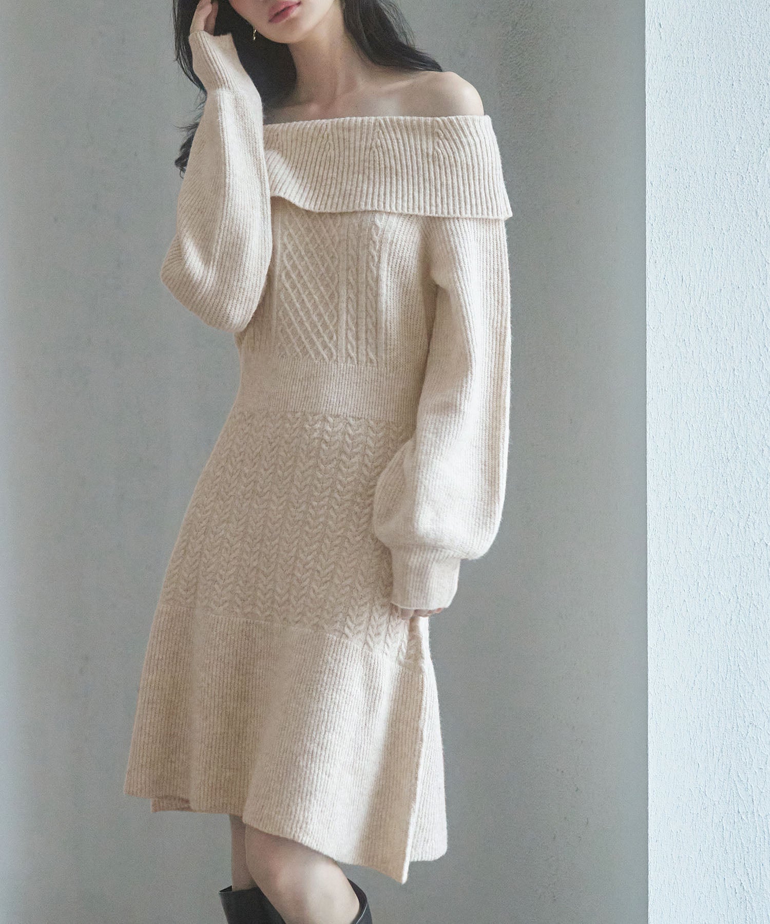 2wayネック膝上丈ニットワンピースsdp8025 ベージュ