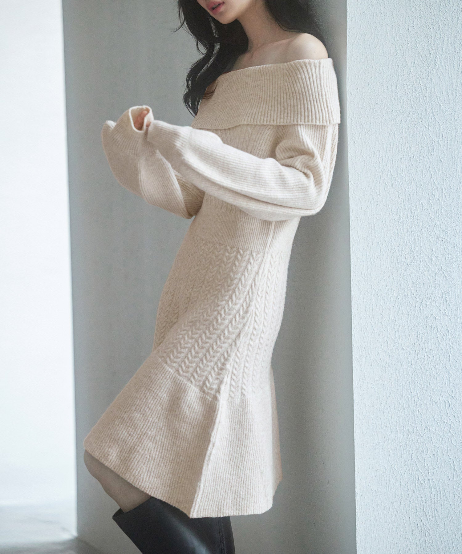 2wayネック膝上丈ニットワンピースsdp8025 ベージュ