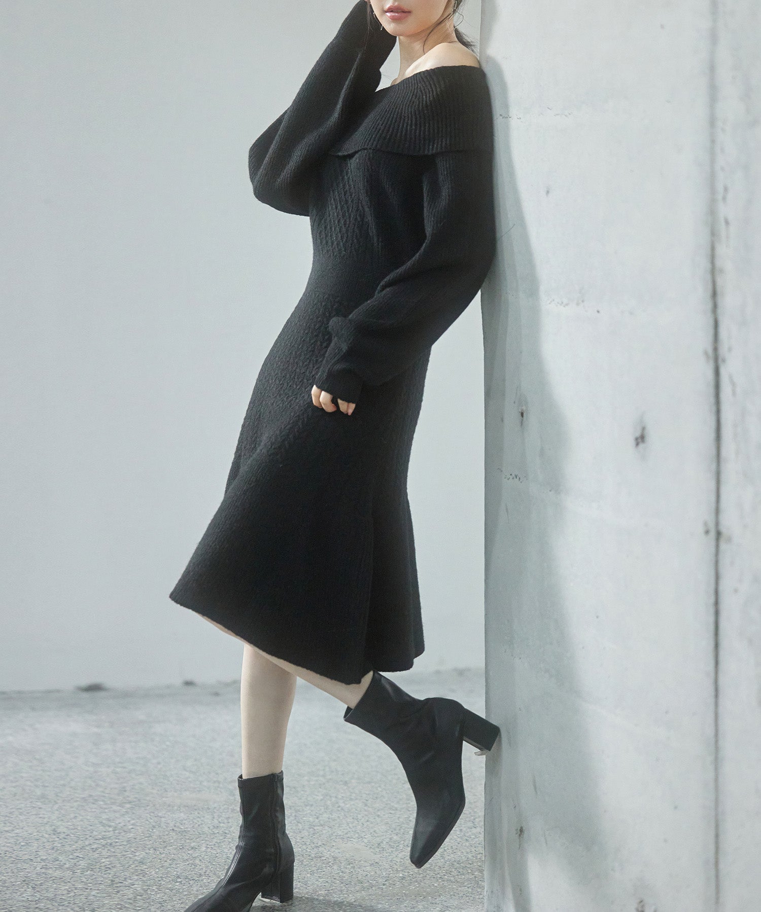 2wayネック膝上丈ニットワンピースsdp8025 ブラック