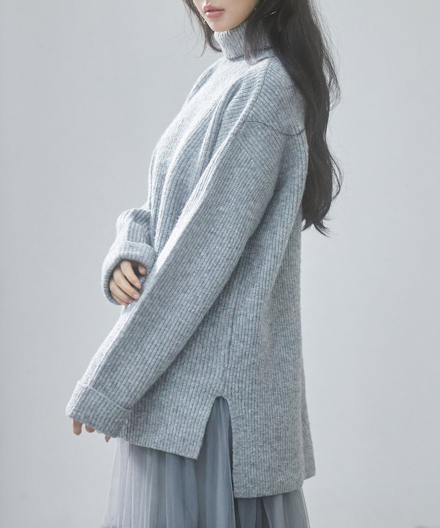 体型カバーハイネックニットプルオーバーsdp8026 グレー