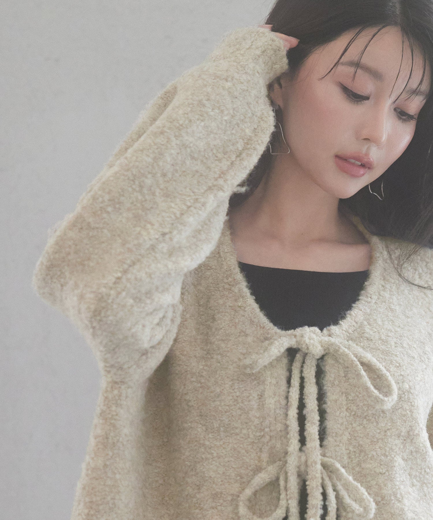 フロントリボンドロップショルダーニットカーディガンsdp8027 オートミール