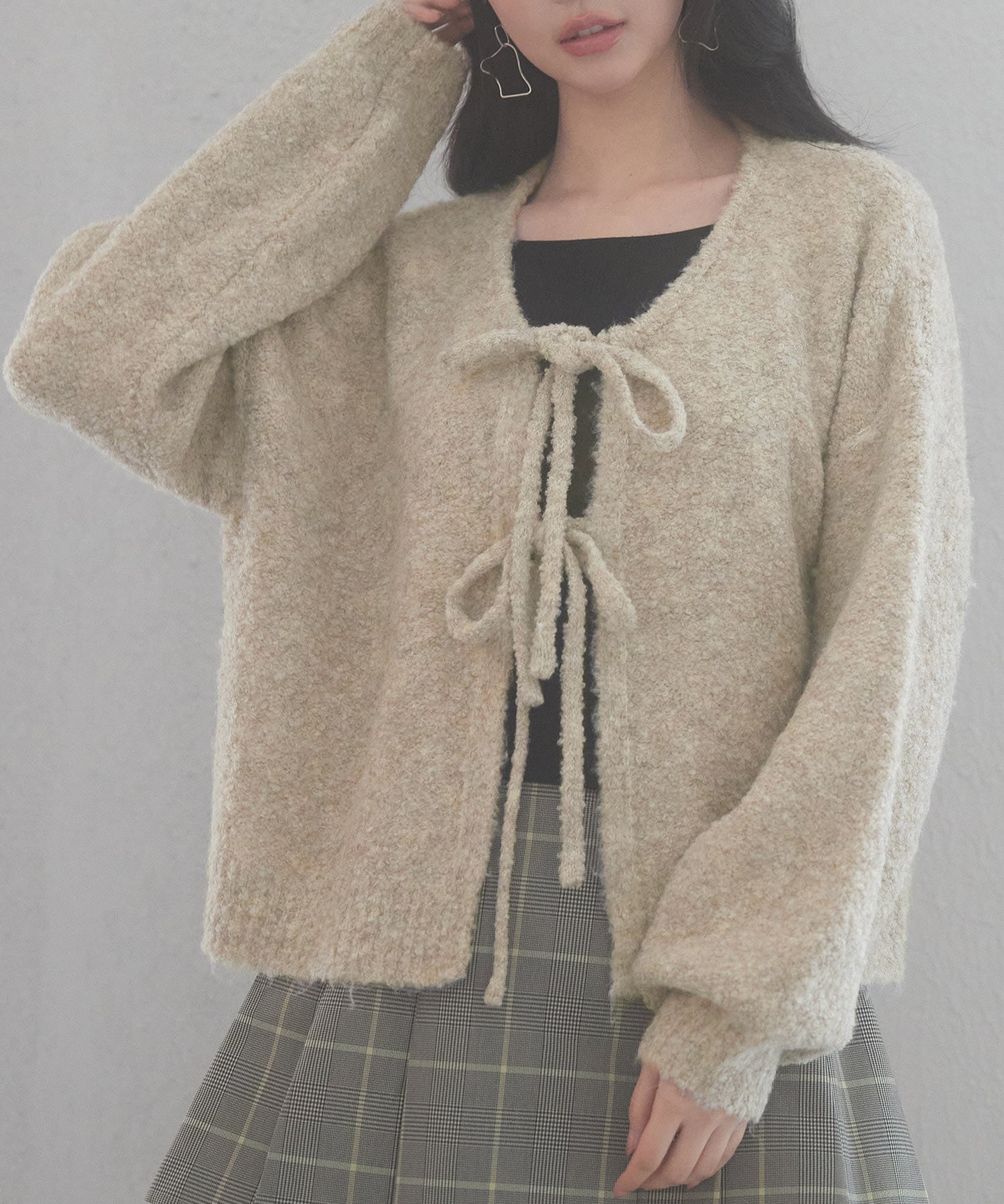 フロントリボンドロップショルダーニットカーディガンsdp8027 オートミール