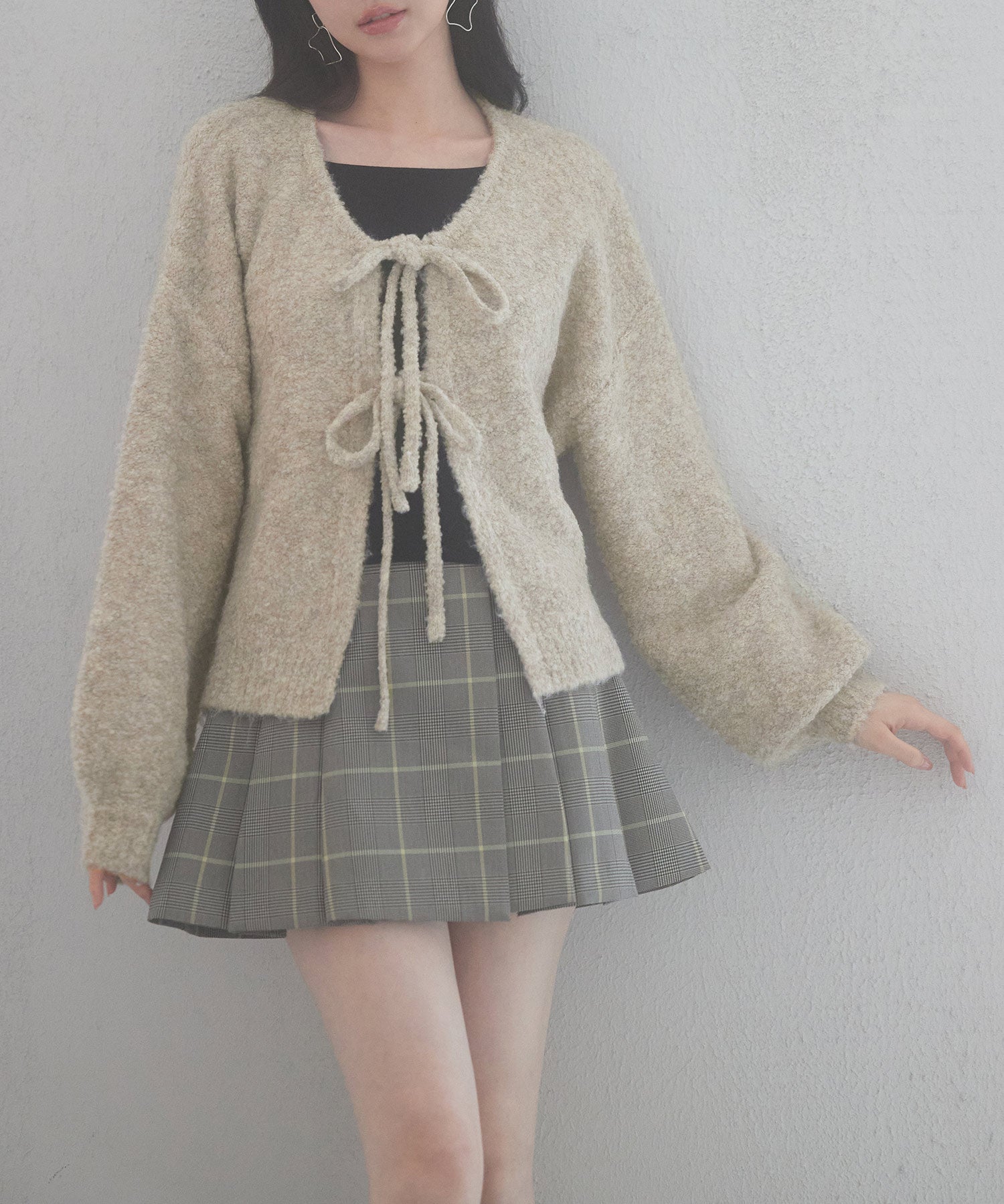 フロントリボンドロップショルダーニットカーディガンsdp8027 オートミール