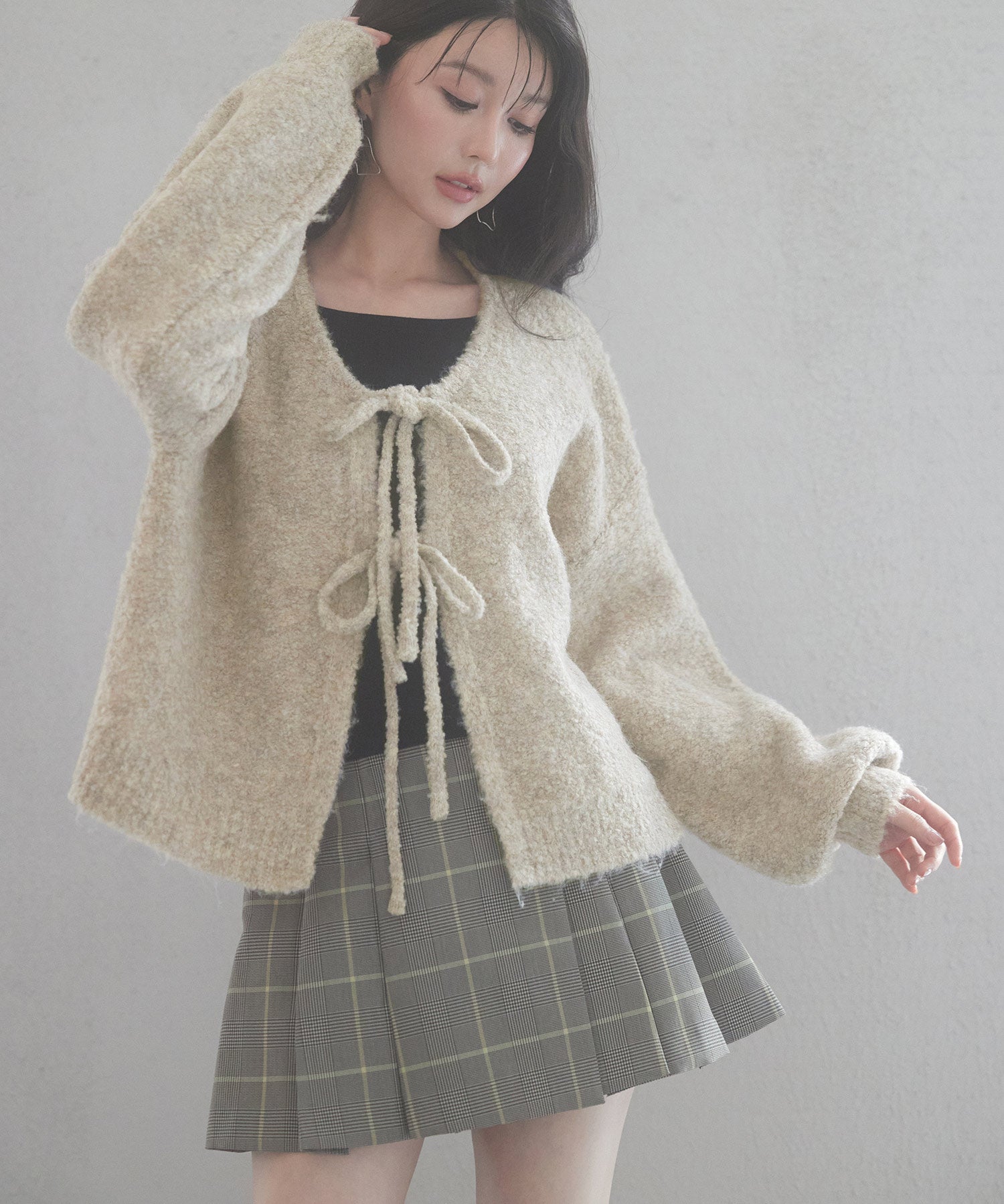 フロントリボンドロップショルダーニットカーディガンsdp8027 オートミール