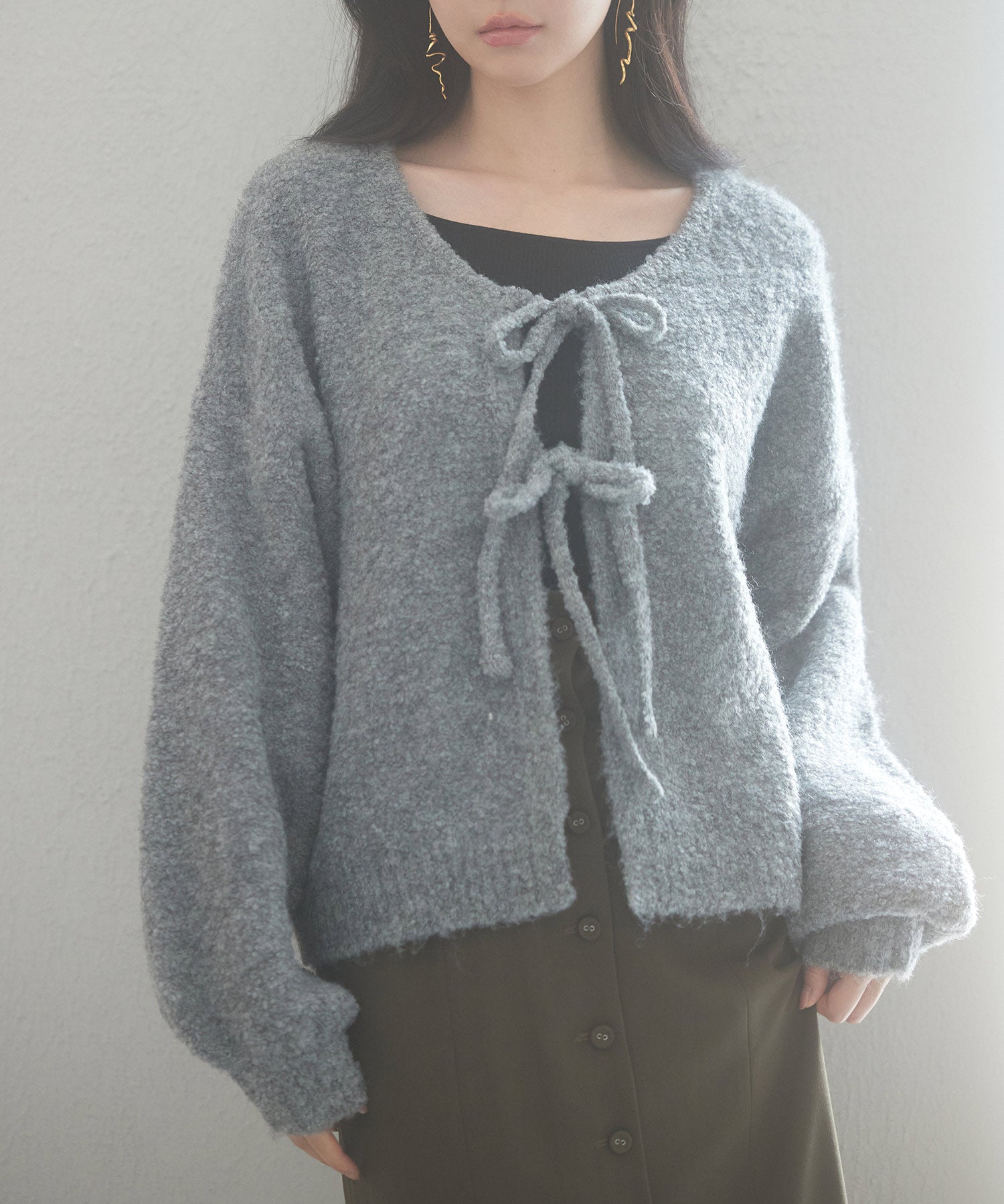 フロントリボンドロップショルダーニットカーディガンsdp8027 グレー