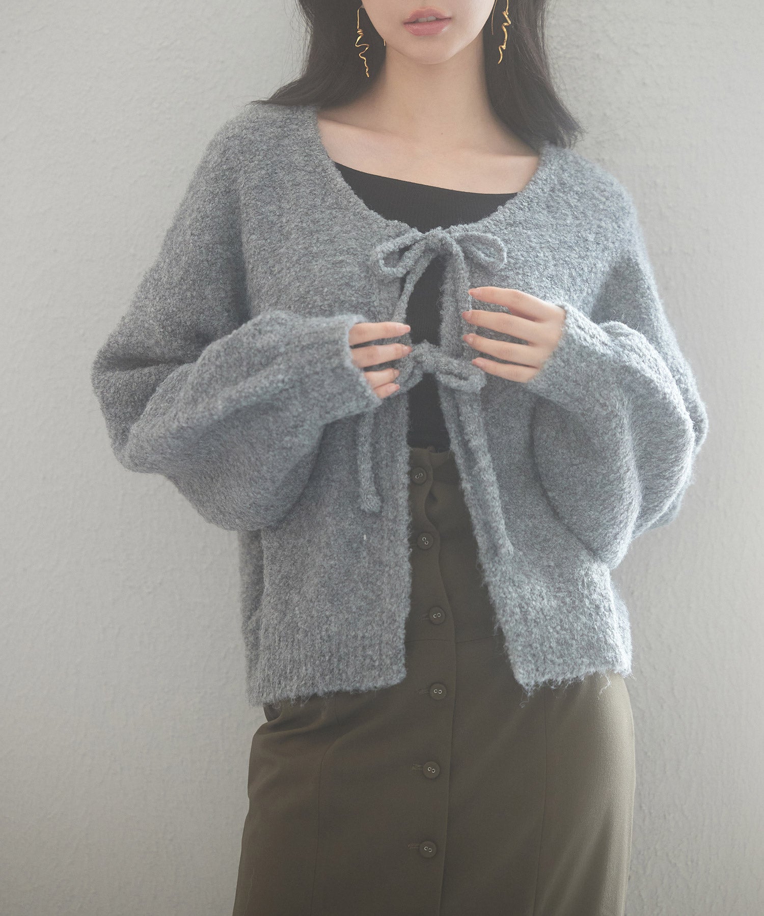 フロントリボンドロップショルダーニットカーディガンsdp8027 グレー