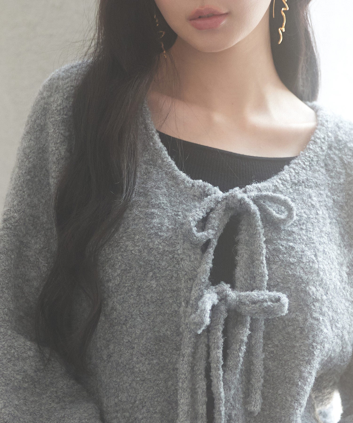 フロントリボンドロップショルダーニットカーディガンsdp8027 グレー