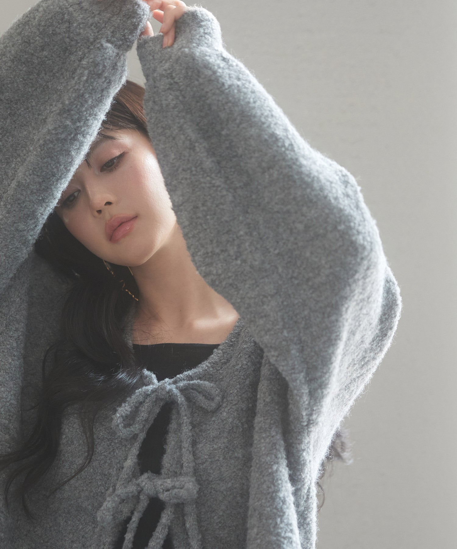 フロントリボンドロップショルダーニットカーディガンsdp8027 グレー