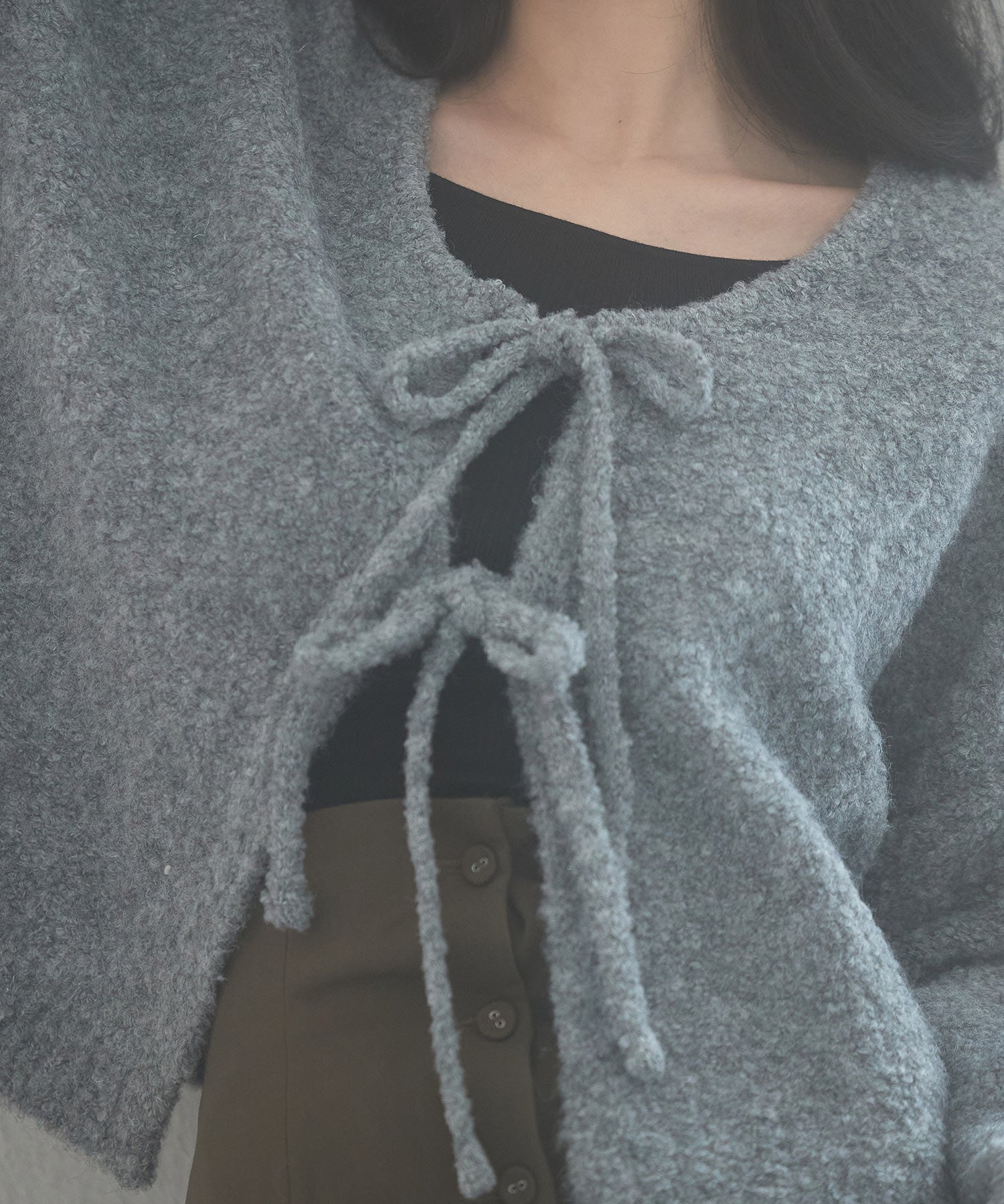 フロントリボンドロップショルダーニットカーディガンsdp8027 グレー