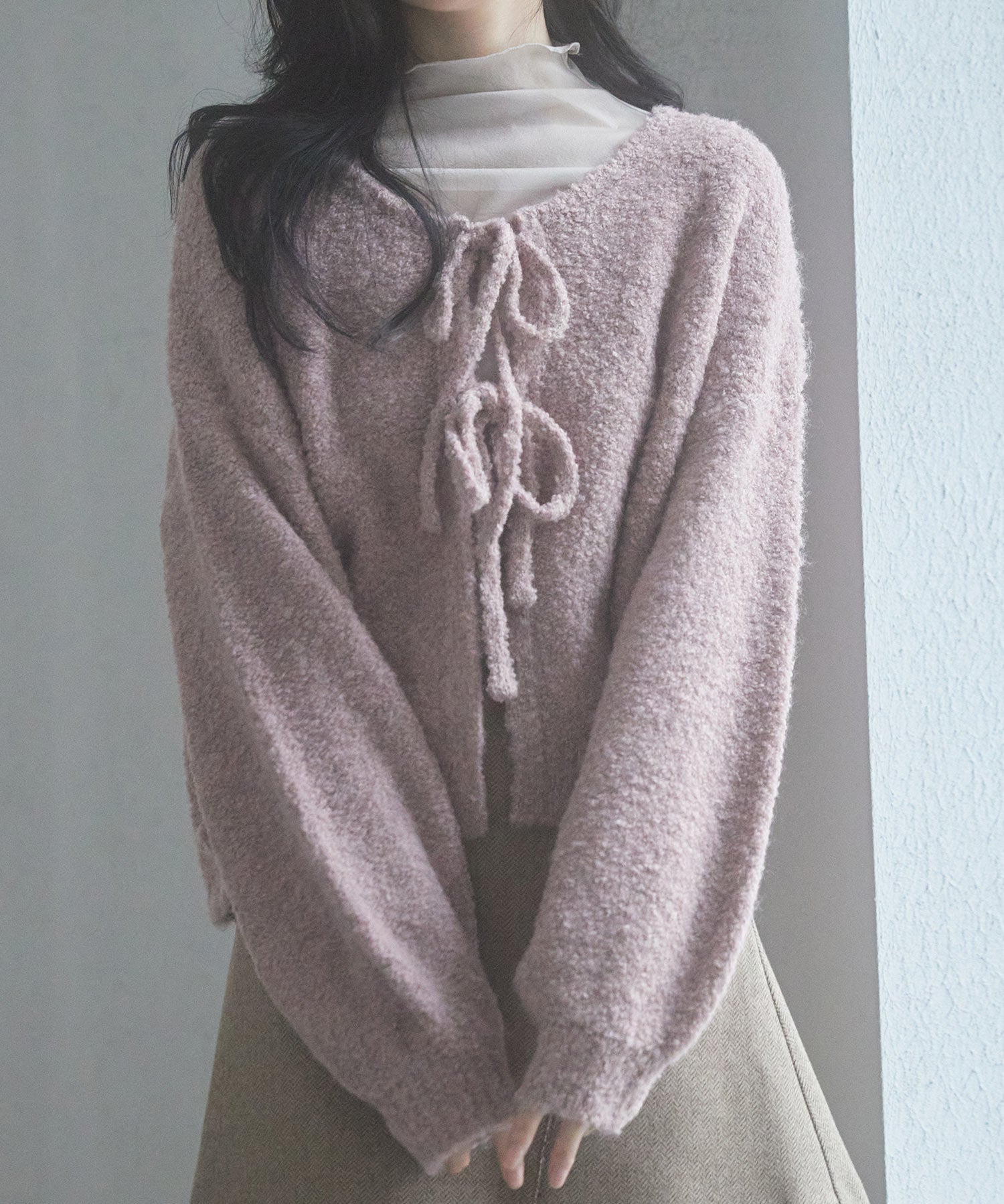 フロントリボンドロップショルダーニットカーディガンsdp8027 ピンク