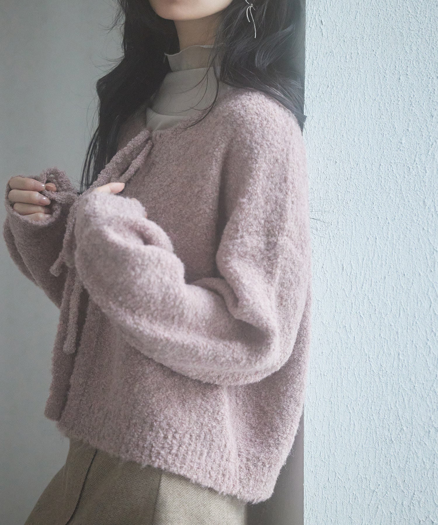 フロントリボンドロップショルダーニットカーディガンsdp8027 ピンク