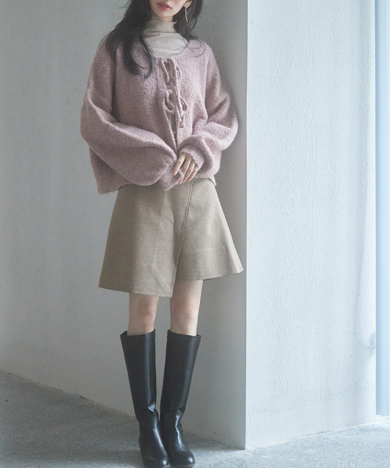 フロントリボンドロップショルダーニットカーディガンsdp8027 ピンク