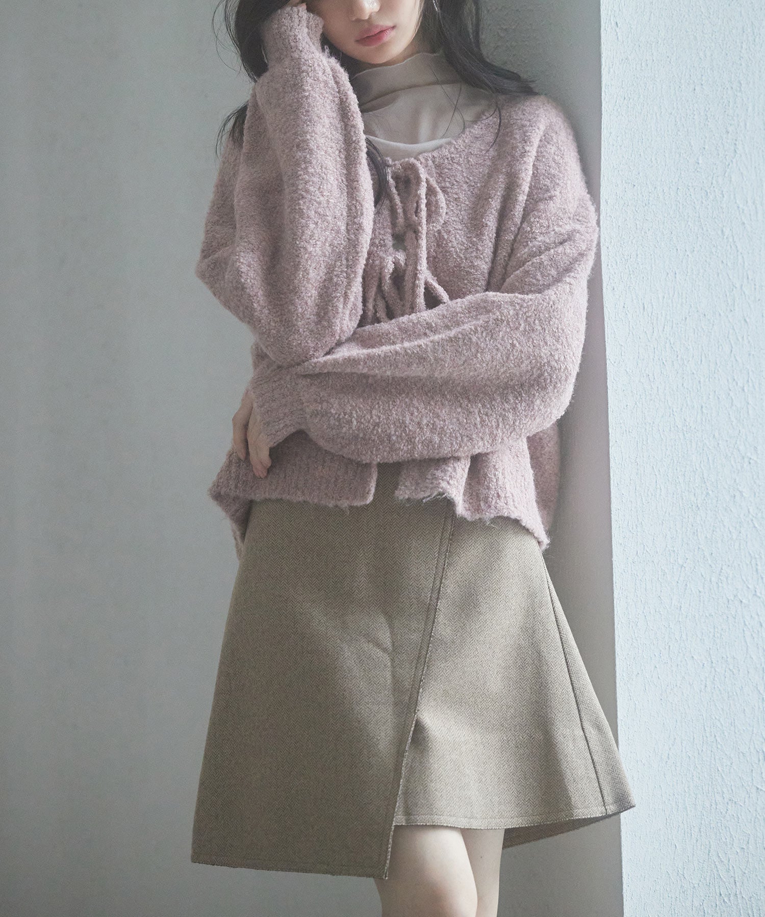 フロントリボンドロップショルダーニットカーディガンsdp8027 ピンク