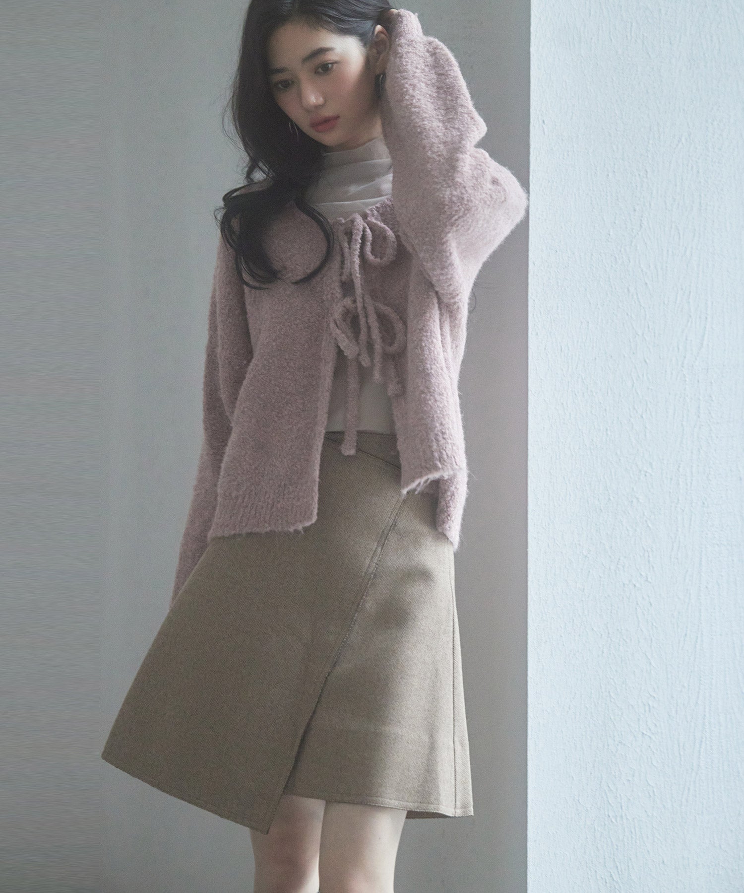 フロントリボンドロップショルダーニットカーディガンsdp8027 ピンク