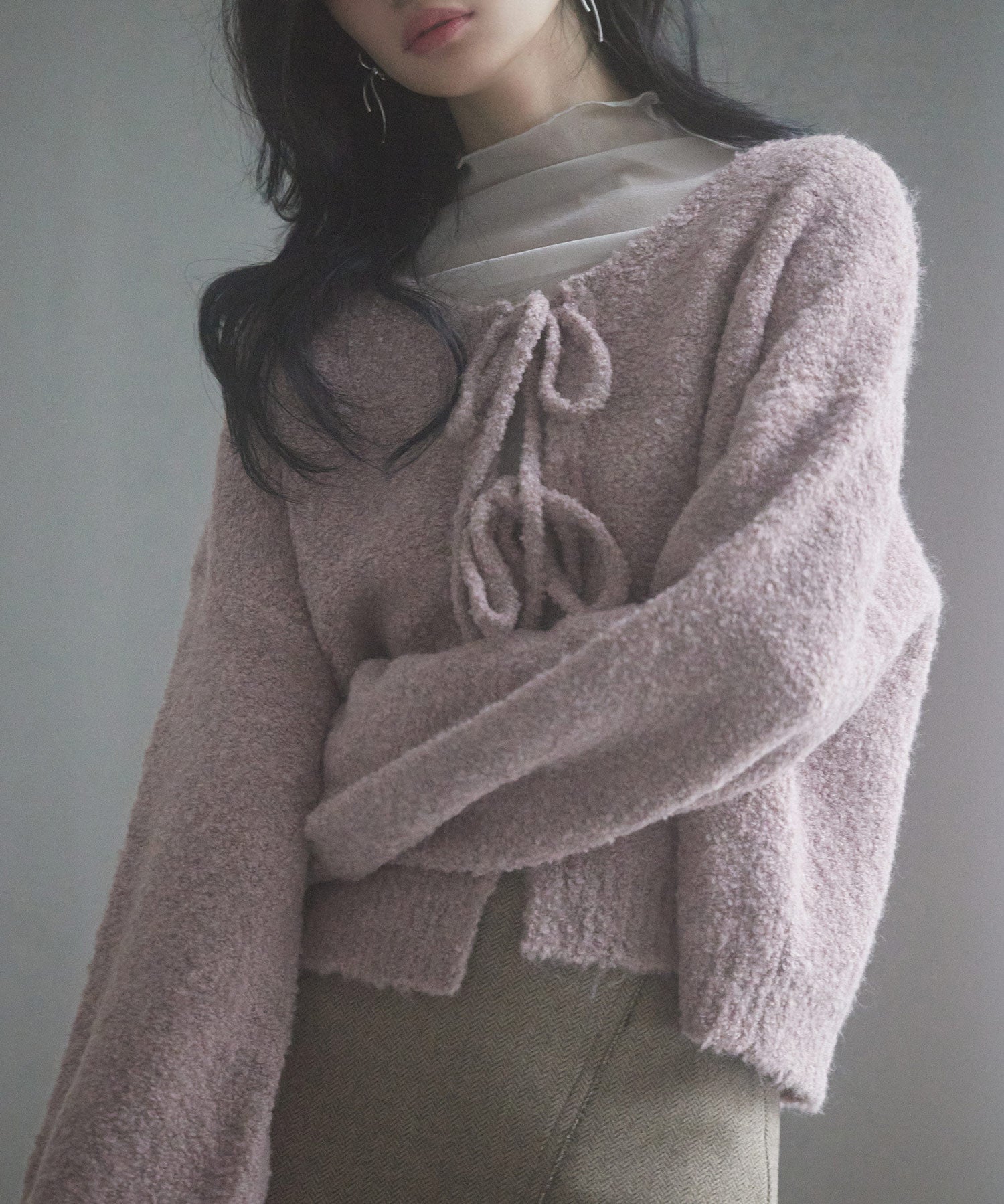 フロントリボンドロップショルダーニットカーディガンsdp8027 ピンク