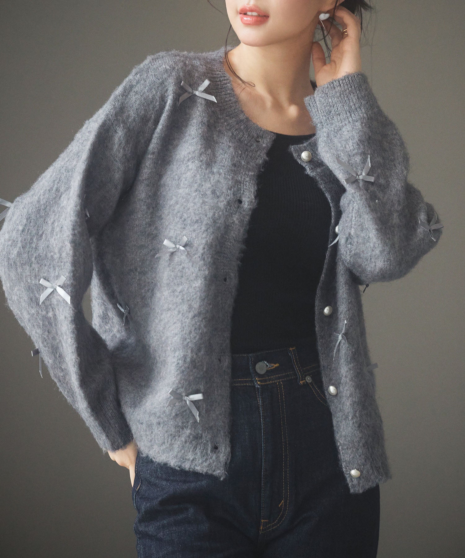 トレンドリボンドロップショルダーニットsdp8028 グレー