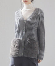 ファーポケットVネックニットカーディガンsdp8029 グレー