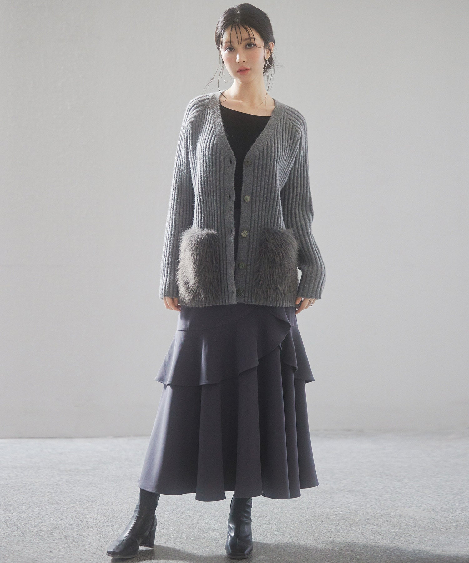 ファーポケットVネックニットカーディガンsdp8029 グレー