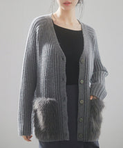 ファーポケットVネックニットカーディガンsdp8029 グレー