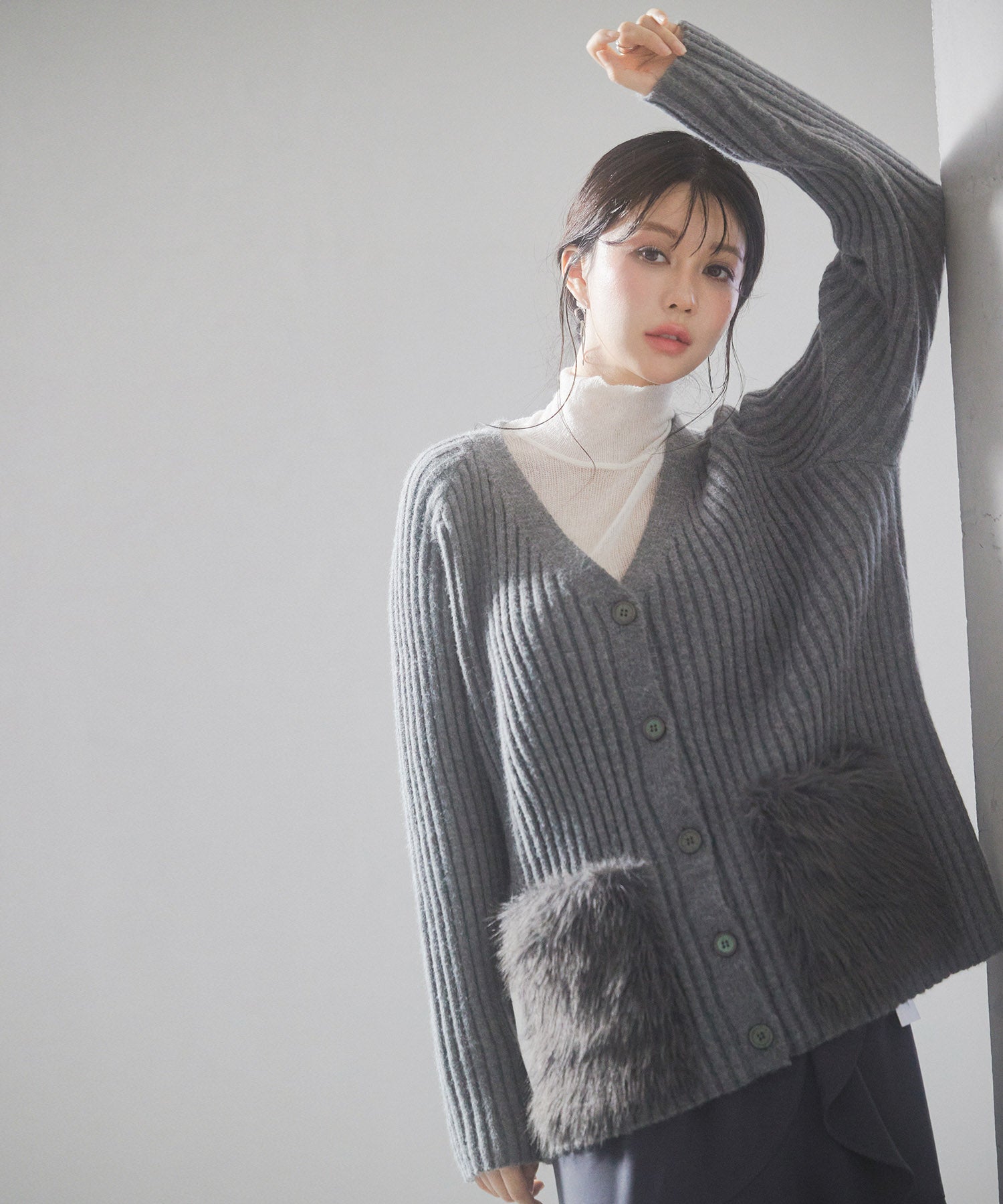 ファーポケットVネックニットカーディガンsdp8029 グレー