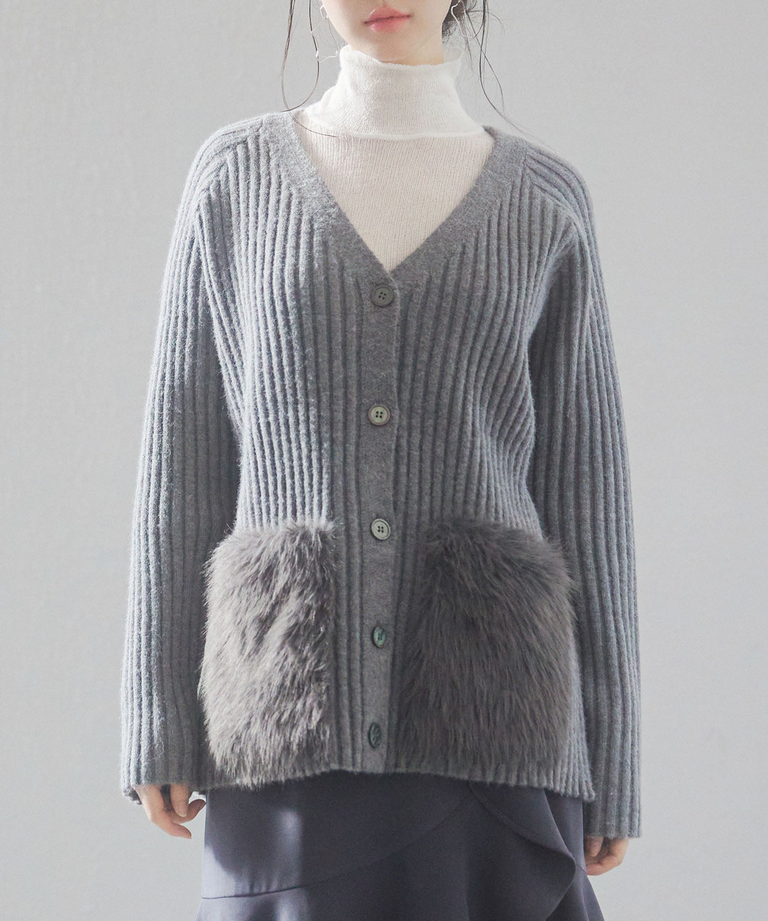 ファーポケットVネックニットカーディガンsdp8029 グレー