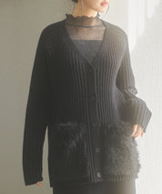 ファーポケットVネックニットカーディガンsdp8029 ブラック